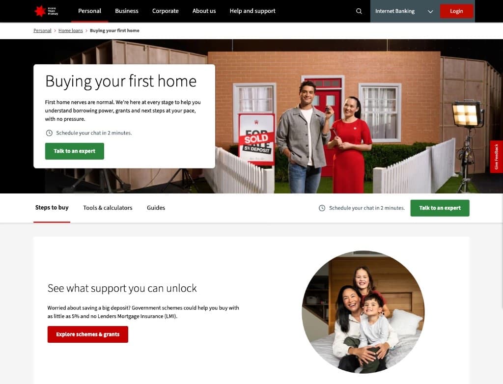 NAB First Home Buyers page in a browser window, showing the hero and Talk to an expert call to action.