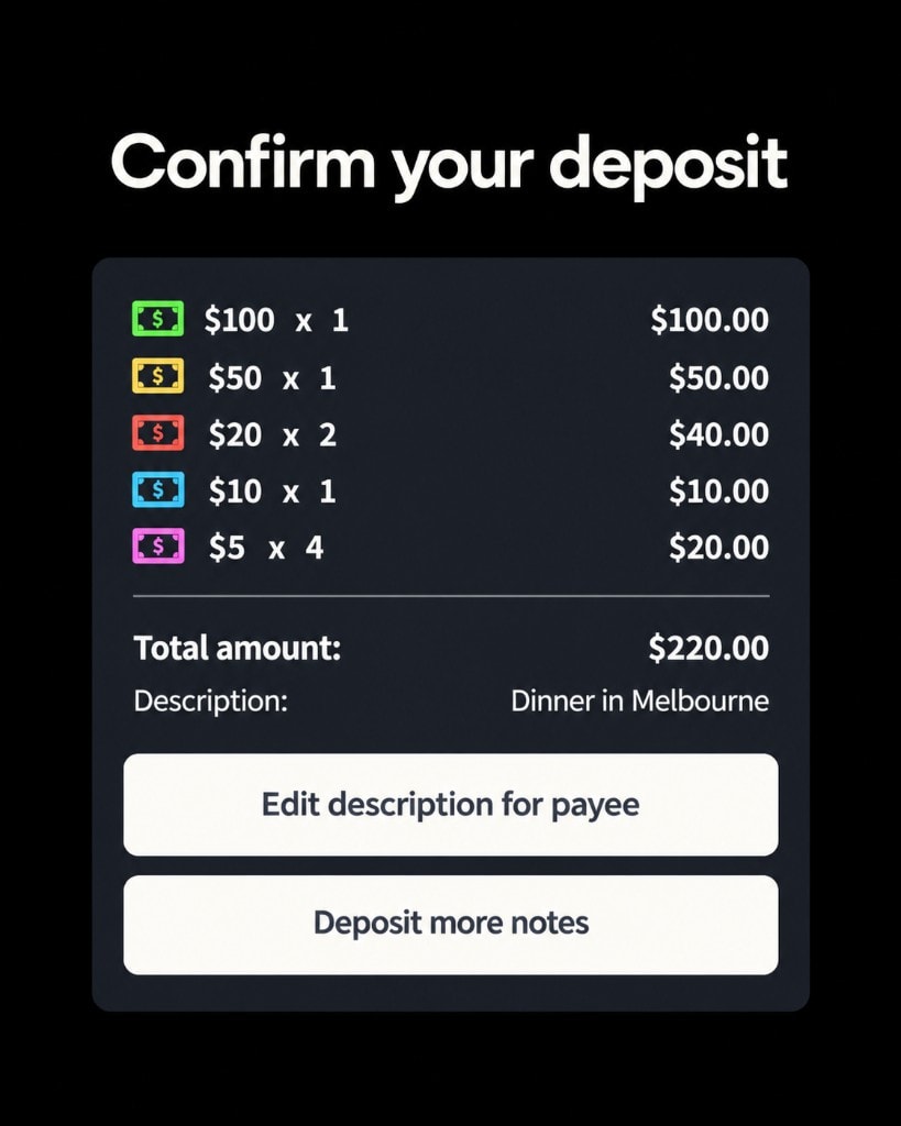 ATM confirm deposit screen showing note denominations, total, and description Dinner in Melbourne