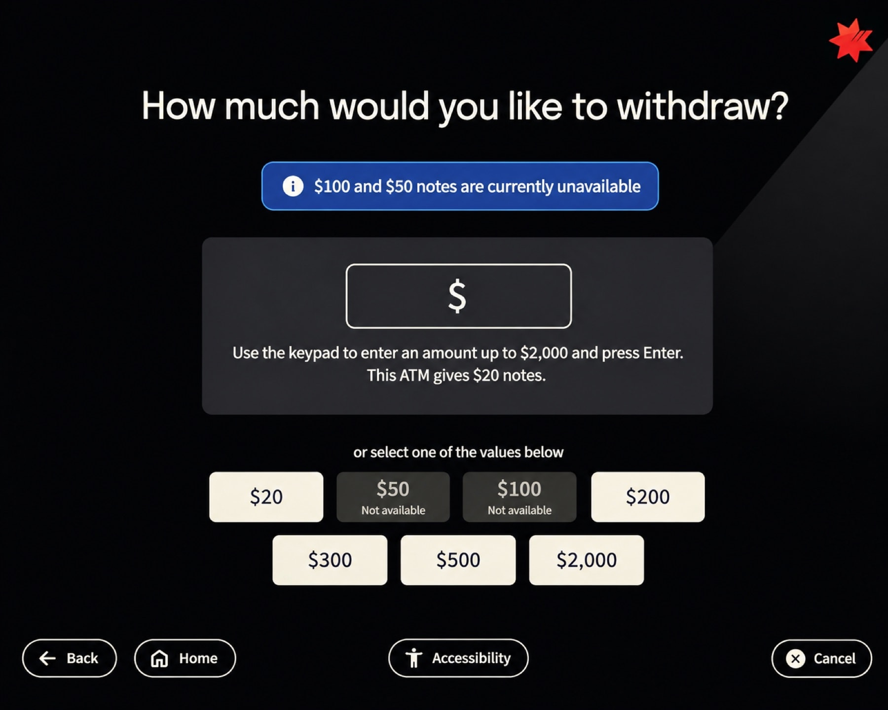 ATM withdraw cash screen adapted from the design system with large touch targets and keypad guidance