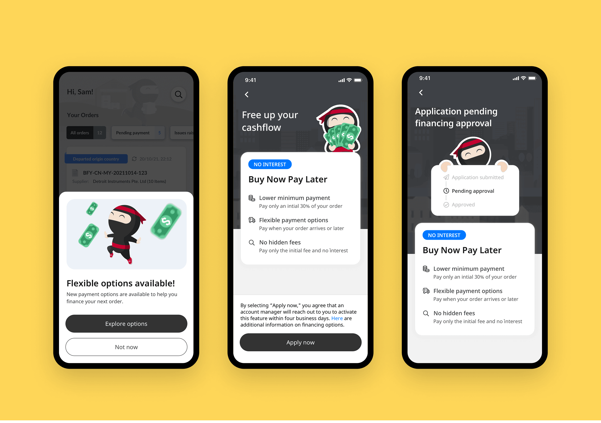 Three mobile screens introducing Ninja Van’s Buy Now Pay Later option, with apply and education steps.