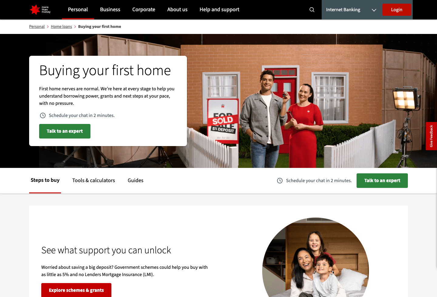 First Home Buyers hero with sticky Talk to an expert call to action.