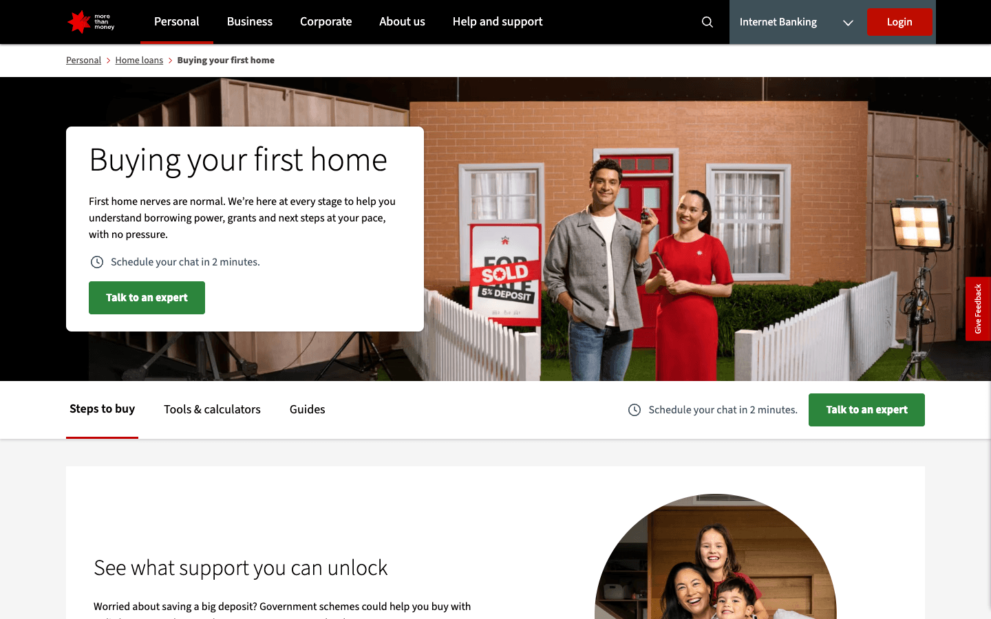 NAB First Home Buyers page hero, sticky Talk to an expert, and page navigation.