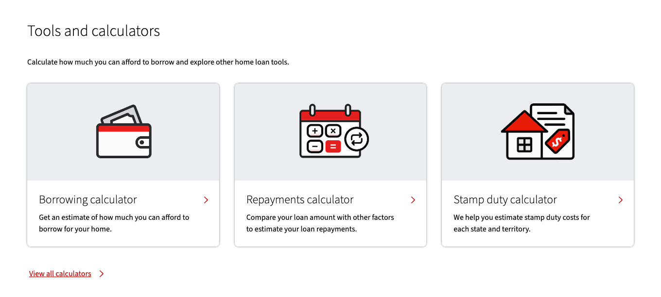 Tools and calculators for borrowing power, repayments, and stamp duty.
