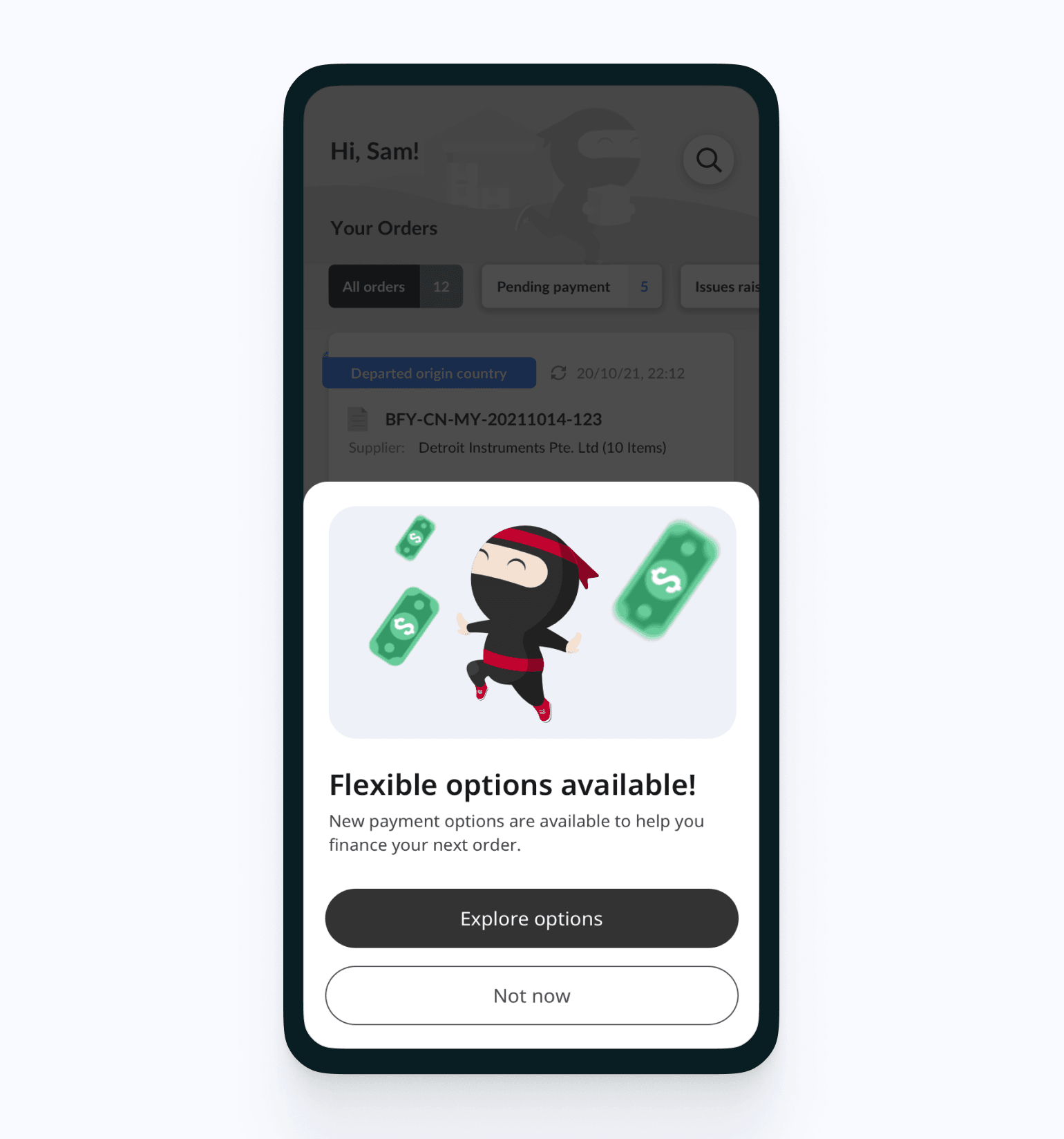 Ninja Van app screen with a Buy Now Pay Later banner introducing the financing option.