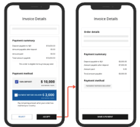 Wireframe flow for Option 2: full pay and financing choices shown directly on the invoice.