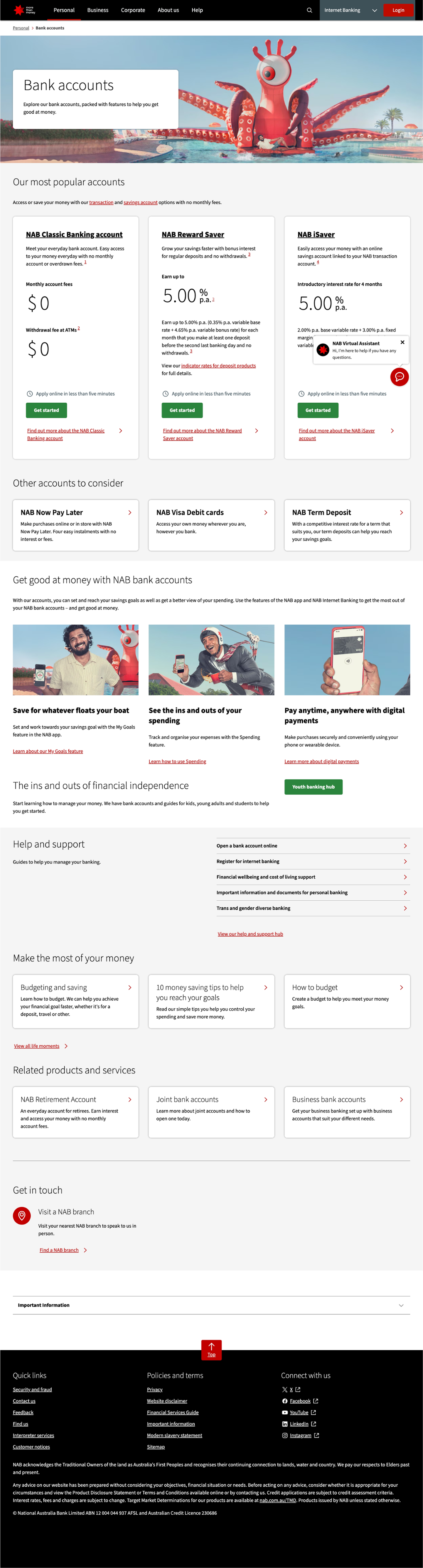 The previous NAB bank accounts page, with a giant red octopus in the hero and three account cards competing for attention.