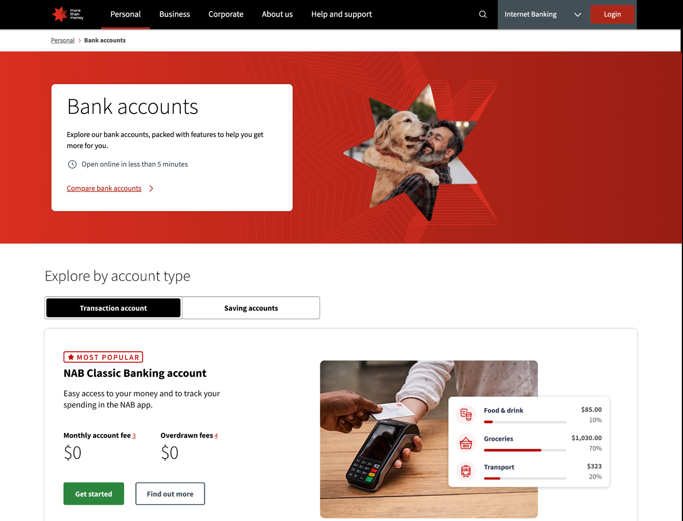 Redesigned NAB bank accounts page in a browser window, showing the hero and account-type comparison.